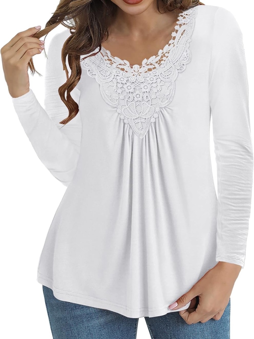 White Lace-Trim Long Sleeve Women's Top